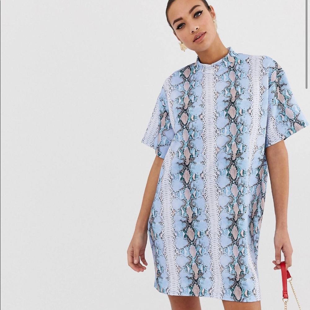 Missguided oversized T-shirt dress in blue snake
